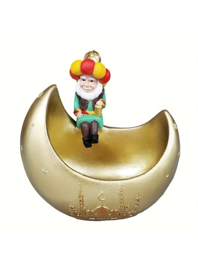 Home Care 1 Traditional Middle Eastern Character on Moon Resin Decorative Figurine - Eid Festival Celebration Statue with Golden Crescent Moon Base, Perfect for Home & Office Decor, Moon Decor 14X14 cm - Image 5